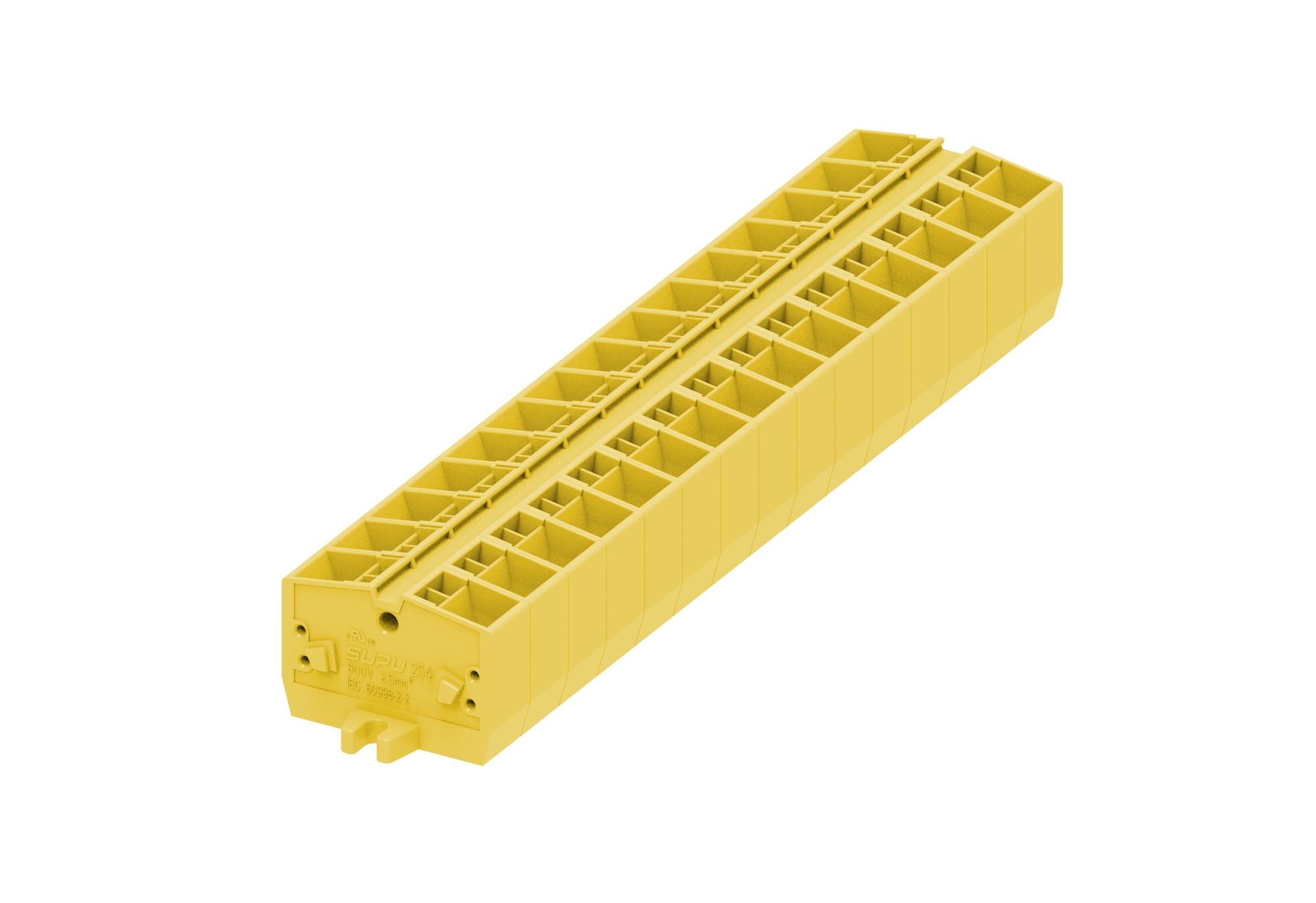 Клемма мини 254335 - Мини клемма, верхний подвод кабеля, 4 точки подключения в клемме, тип фиксации провода: пружинный, номинальное сечение: 2,5 мм кв., 24A, 800V, цвет: желтый, тип монтажа: монтажные фланцы