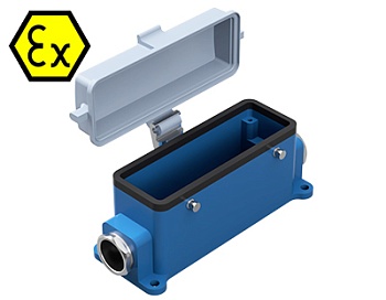 Закрытое основание разъема EX 70.340.2436.0 - Основание разъема на панель, закрытое, типоразмер 24B, взрывозащищита, с уплотнителем, 2 кабельных ввода M25x1,5, IP54, без защелок (упоры для двух защелок), с защитной крышкой, материал корпуса: цинковый спла