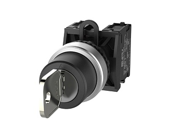 Селекторный переключатель (черный) TS2520-2AJ60-S10 - Переключатель, с ключом, 3-х позиционный, фиксируемый, ключ вынимается из центрального положения, без подсветки, алюминиевое переднее кольцо, с мгновенным нажатием, с контактной группой 1NO, диаметр го
