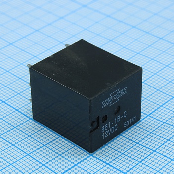 861-1B-C 12VDC - Реле автомобильное пайка в плату. Упр.: 12VDC, Потр. мощн.: 1.1W. Комм.: 10A 14VDC, конт.: 1 закрытый, размер (LxWxH) мм: 17.5 х 15.0 х 19.5.
