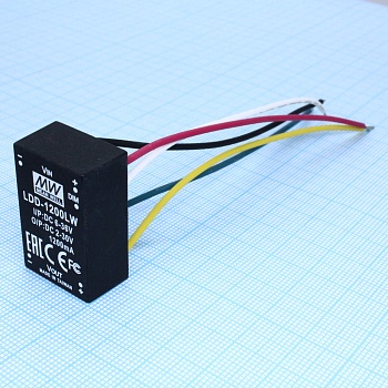 LDD-1200LW - DC/DC LED понижающий, вход 6…36В, выход 2…30В/1.2А, КПД до 95%, вход On/Off/DIMM, 31.8x20.3x12.2мм, проводные выводы, -40…71°C, пластик