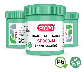 Паяльная паста бессвинцовая SF300-M - тип 4, сплав SAC0307 Sn99Ag0.3Cu0.7, размер частиц 20~38мкм, флюс ROL0, банка 500гр. срок хранения 9 мес.