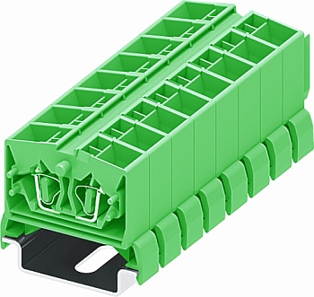 Клемма мини 254386 - Мини клемма, верхний подвод кабеля, 4 точки подключения в клемме, тип фиксации провода: пружинный, номинальное сечение: 2,5 мм кв., 24A, 800V, цвет: зеленый, тип монтажа: DIN35