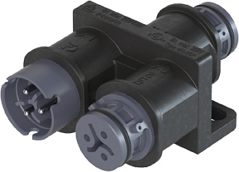 Разветвитель RST08i3VL2P1YF V L SG - Распределительное устройство (тройник), 1 вход/2 выхода, IP68(69k), 3 полюса, параллельное соединение, с продольным уплотнением, с монтажными фланцами, цвет: темно-серый, номинальные характеристики: 250V/400V 16A, сери