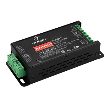 Декодер SMART-K52-DMX (12-24V, 3x8A) 028446 - Декодер DMX512 для трансляции DMX512 сигнала ШИМ(PWM) устройствам. Питание 12-24VDC. 3 канала, ток нагрузки 3x8A, мощность нагрузки 288-576W. Входной сигнал DMX512, выходной сигнал ШИМ(PWM). Входные порты: тер
