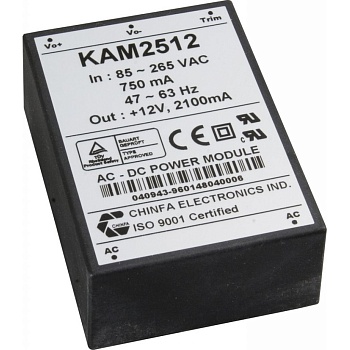 KAM1512 - AC-DC, 15Вт, выход 12В/1,25A, рег. вых=±10%Uном, вход 85…265V AC, 47…63Гц / 120...370V DC,  изоляция 3000V AC, в кожухе 76х51х23мм, -20…+50°С