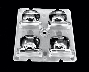 ALST50D4LED8060 - Групповая квадратная линза 2x2 на 4 светодиода 5050/3535 эфф=90%, ~80°x60°  (T4),  50x50mm   H:8.5mm  PC-1250Z