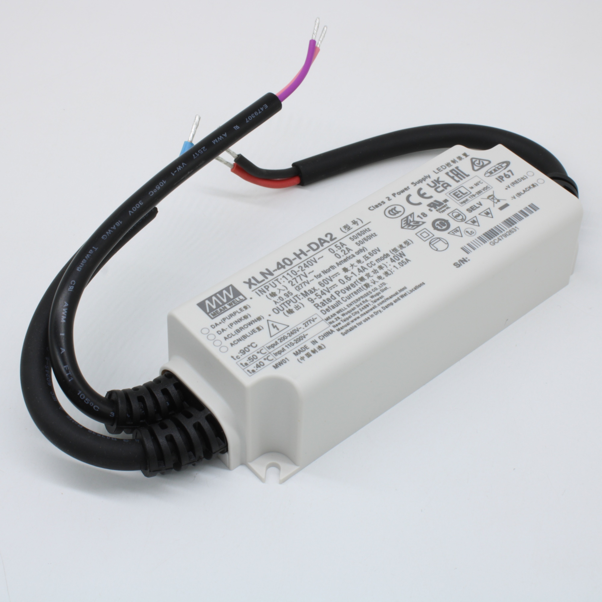 XLN-40-H-DA2 - AC-DC LED-драйвер, CC, 40Вт, вход 100…305В AC, 47…63Гц, выход 1050 (600…1400/NFC)мА/9…54В, изоляция 3750В AC, DALI-2, IP67, 114х44х32мм, -25…+85°С