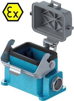 Закрытое основание разъема EX 70.346.0636.0 - Основание разъема на панель, закрытое, типоразмер 6B, взрывозащищита, с уплотнителем, 1 кабельный ввод M25x1,5, IP54, с правым расположением, с одной защелкой, с защитной крышкой, материал корпуса: цинковый сп