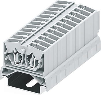 Клемма мини 254373 - Мини клемма, верхний подвод кабеля, 2 точки подключения в клемме, тип фиксации провода: пружинный, номинальное сечение: 2,5 мм кв., 24A, 800V, цвет: светло-серый, тип монтажа: DIN35