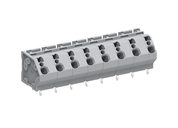 Розеточный разъем на плату 245403 - Клемма, подвод кабеля 45 град., на плату, шаг: 10.0 мм, 3 полюса, фиксация провода push-in, исполнение: два вывода на контакт, 1000V, 32A, цвет: серый