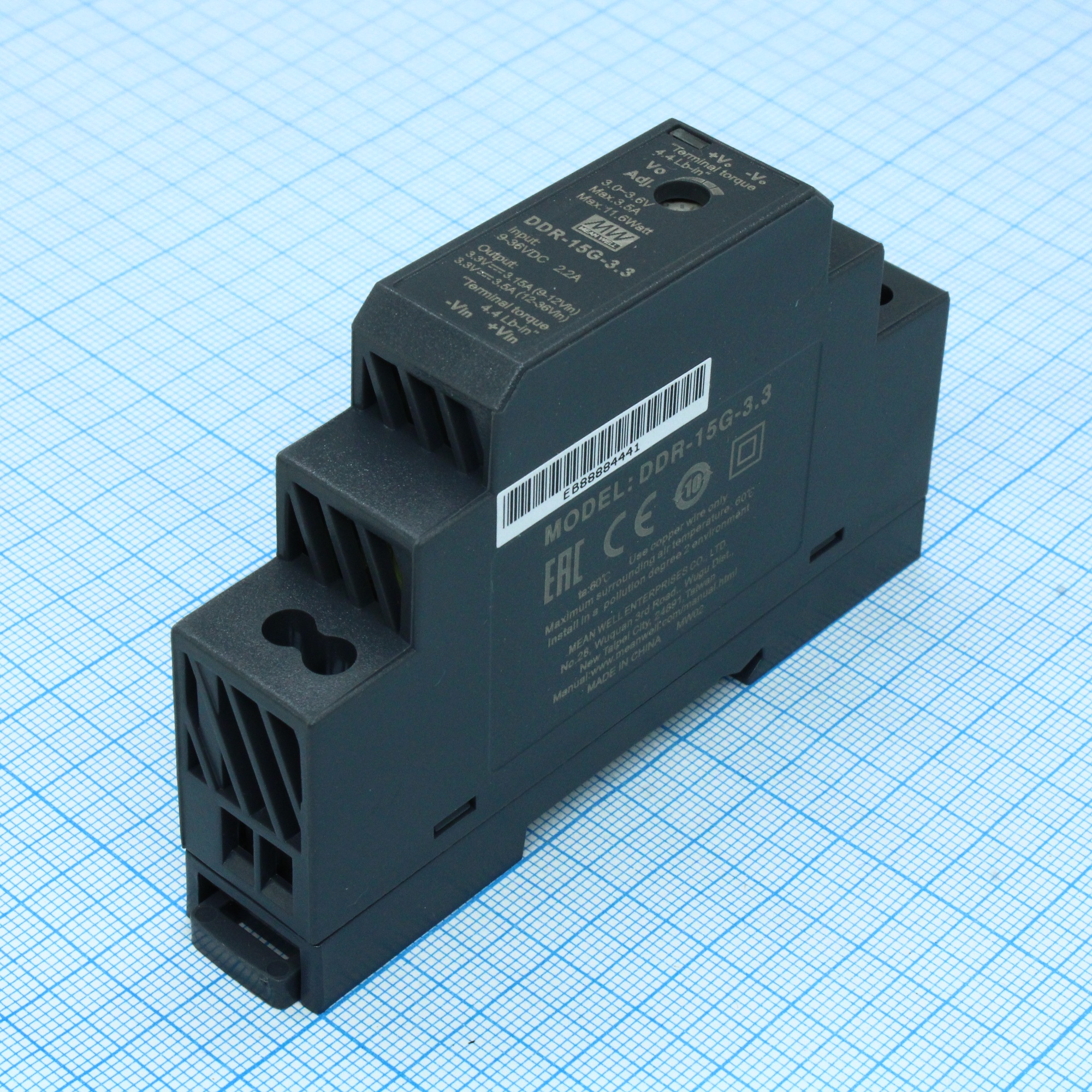 DDR-15G-3.3 - DC-DC, 11.6Вт, вход 9…36 В DC, выход 3.3В/3.5А, изоляция 4000В DC, в кожухе на DIN-рейку, 17.5х90х54.5мм, -40...+85°С