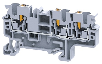 Проходная клемма CP4/3 - Проходная клемма, тип фиксации провода: 3 точки подключения, push-in, номинальное сечение: 4 мм кв., 32A, 1000V, ширина: 6 мм, цвет: серый, тип монтажа: DIN 35