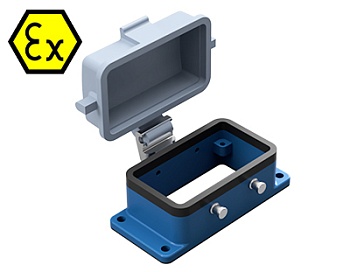 Открытое основание разъема EX 70.325.1028.9 - Основание разъема на панель, открытое, типоразмер 10B, взрывозащищита, с уплотнителем, без защелок (упоры для двух защелок), с защитной крышкой, материал корпуса: цинковый сплав