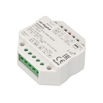 Диммер SMART-D14-DIM-PUSH (230V, 1.5А, 0-10V, 2.4G) 028434 - Диммер для одноцветных источников света (выход 0/1-10V, реле). Питание/рабочее напряжение AC 85-265V, выходной ток 1.5А (реле), выходная мощность (127.5-397.5)W. DIP переключатель 0-10V/1-10V. К