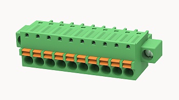 PCB розетка 15EDGKDM-3.81-10P-14 - Розеточный разъем, PCB, на кабель, прямой, с монтажными фланцами, шаг 3,81 мм, 10 полюса, сечение проводников: 0.2 - 1.5 мм кв., Push-In фиксация провода, 250V, 12А, цвет: зеленый, серия 15EDGKDM