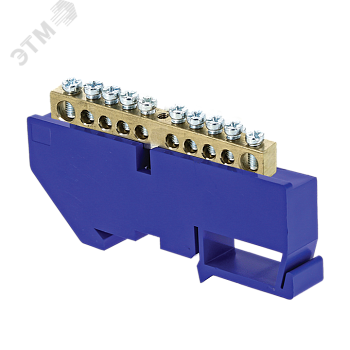 Шина нулевая N 6х9 10 отвер. латунь син. изолятор на DIN-рейку PROxima sn0-63-10-d