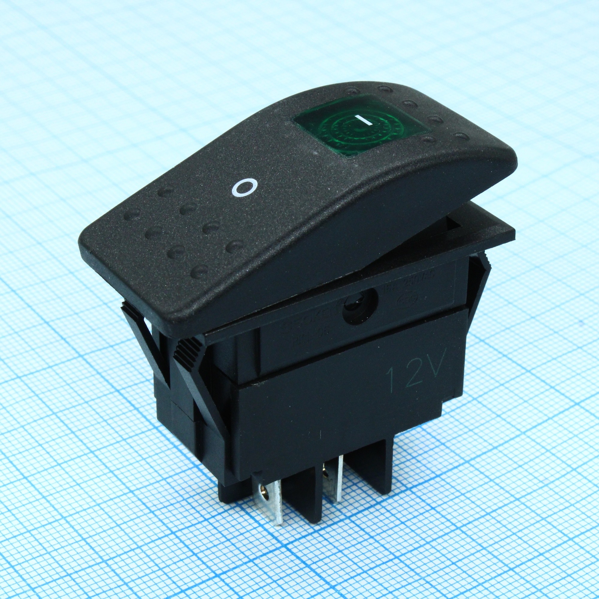 RK1-06N-12V зеленый - Выключатель клавишный ON-OFF с подсветкой (4c) 35А 12В