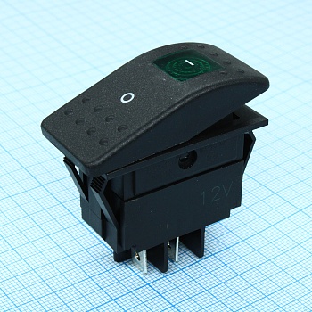RK1-06N-12V зеленый - Выключатель клавишный ON-OFF с подсветкой (4c) 35А 12В