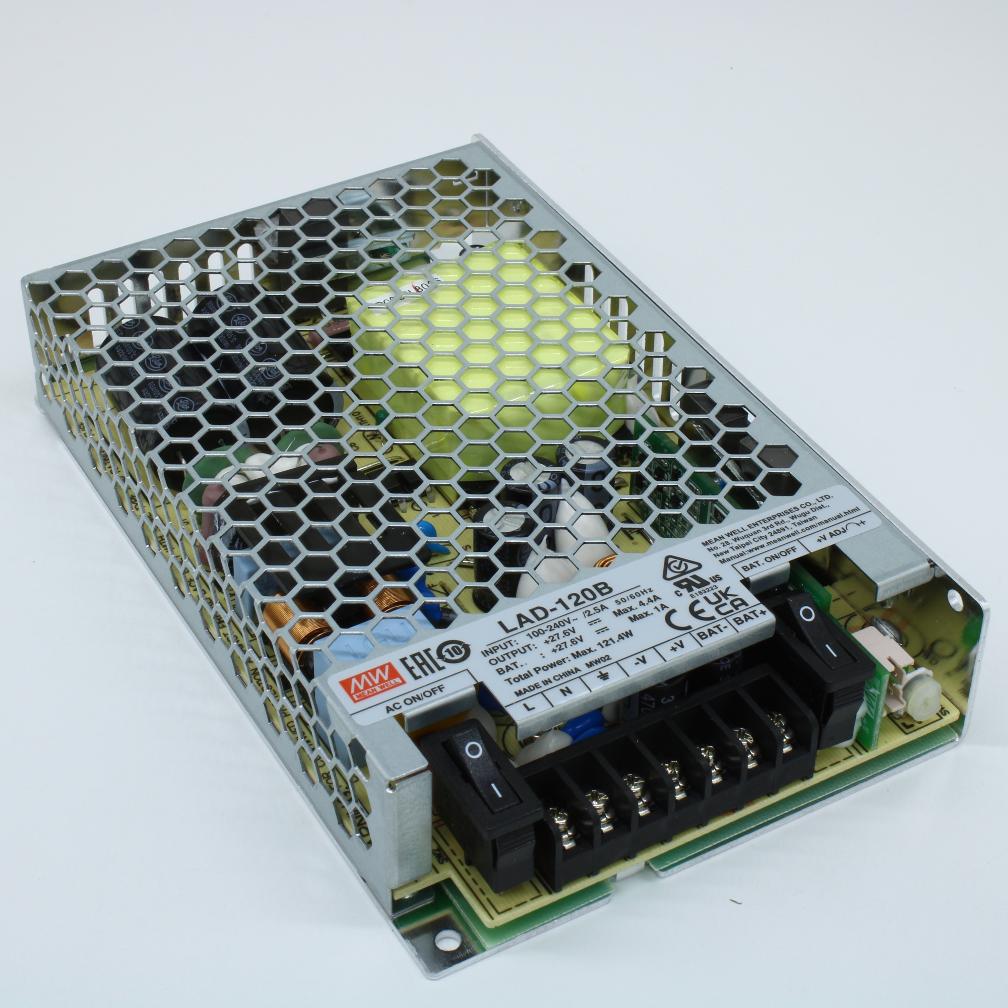 LAD-120B - AC-DC с функцией заряда АКБ, 121.4Вт, вход 90…132/180…264В AC, 47…63Гц /240…370В DC, вых1: 27.6В(21.6…29В)/3.4A, вых2: 27.6В/1A (заряд), изоляция 3000В AC, в кожухе 159х97х30мм, -20…+60°С, состояние по TTL