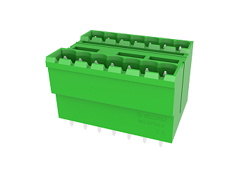 Вилочный разъем на плату MC-DPA5.0V20-0002 - Вилочный разъем, вертикальный, 2 этажа, на плату, шаг: 5.0 мм, 20x2 полюсов, фиксация на плате пайкой, исполнение: стандартное, 320V, 10A, цвет: зеленый