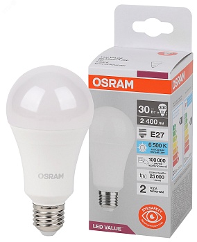 Лампа светодиодная LED Value LVCLA250 30SW/865 230VFR 30Вт A матовая 6500К холод. бел. E27 2400лм угол пучка 180град. 220-240В пластик (замена 300Вт) OSRAM 4058075696808
