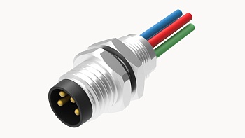 Вилочный разъем SD-M8A-03P-MM-SH7B50 - Вилочный разъем в панель, 3 полюса, M8, гайка сзади, с проводом, A-Code, сечение проводовников: 0.25 мм кв., (цвет проводовников: коричневый, белый, синий, черный, серый), 3А, 60V, металл