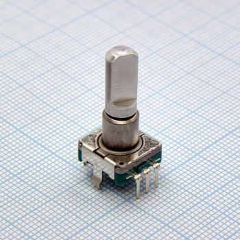 EC11E09244BS - Энкодер EC11, 18 щелчков, 9 импульсов, металлический вал с лыской 20мм, с кнопкой, длина хода кнопки 0,5мм, вертикальный