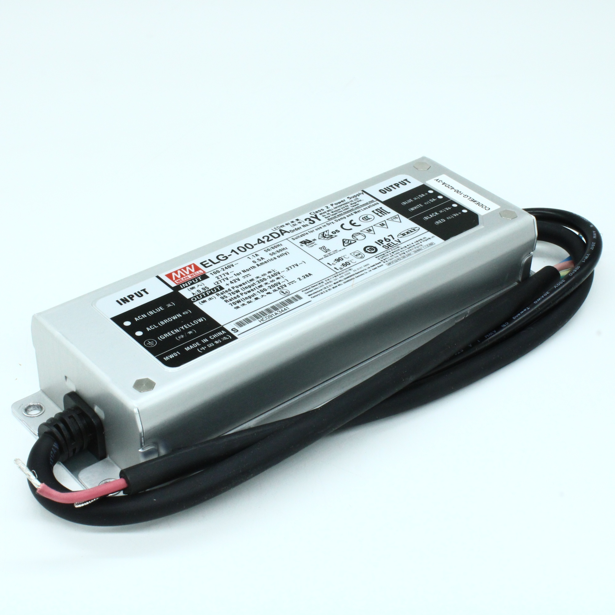 ELG-100-42DA-3Y - AC-DC, 95,8Вт, IP67, вход 100…305В AC, 47…63Гц/142…431В DC, ККМ, выход 21...42В/2,28А, изоляция 3750В AC, в кожухе 199х63х35,5мм, -40…+70°С, DALI димминг, с проводом заземления