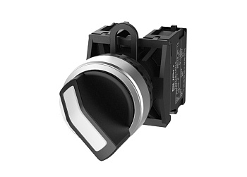 Селекторный переключатель (черная) TS2527-1AE60-R10 - Переключатель, короткая ручка, 3-х позиционный, пружинный самовозврат из правого положения, LED AC 220V, алюминиевое переднее кольцо, с плавным нажатием, с контактной группой 1NO, диаметр головки кнопк