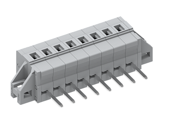 Розеточный разъем на плату 450464/010 - Клемма, горизонтальный, подвод кабеля, на плату, шаг: 5.0 мм, 4 полюса, фиксация провода пружинная, исполнение: с монтажными фланцами, 320V, 12A, цвет: серый
