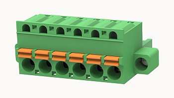 PCB розетка 2EDGKDM-5.08-06P-14 - Розеточный разъем, PCB, на кабель, прямой, с монтажными фланцами, шаг 5,08 мм, 6 полюса, сечение проводников: 0.2 - 2.5 мм кв., Push-in фиксация провода, 320V, 20А, цвет: зеленый, серия 2EDGKDM