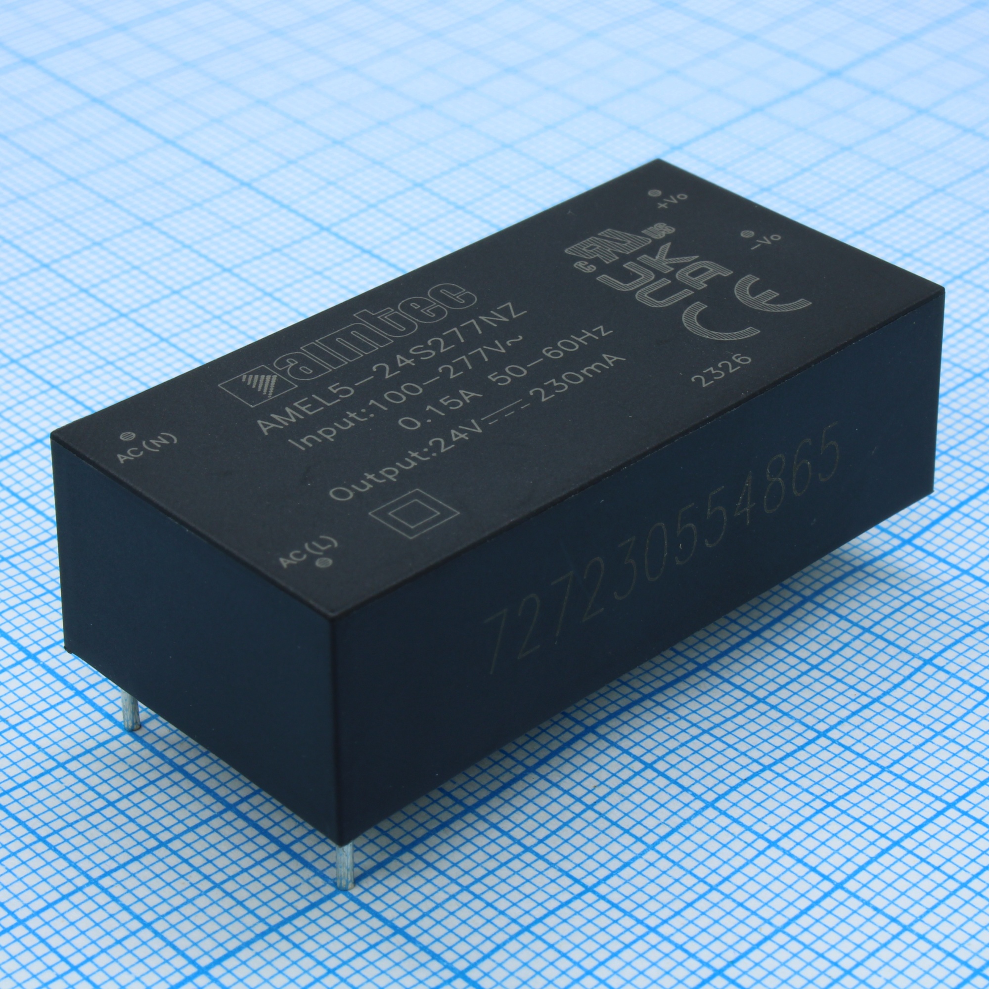 AMEL5-24S277NZ - AC/DC, 5.5Вт, вход 85…305В, выход 24В/0.23А, изоляция 4000В AC, КПД 80%, максимальная емкостная нагрузка не более 470мкФ, 25.4x50.8x15.36мм, -40…70°C, пластик