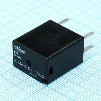 301-1A-D-R1 12VDC - Реле автомобильное. Упр.: 12VDC, Потр. мощн.: 1.2W. Резистор 680Ом, Комм.:35А 14VDC, конт.: 1 открытый, размер (LxWxH) мм: 22.5 х 15.0 х 25.0