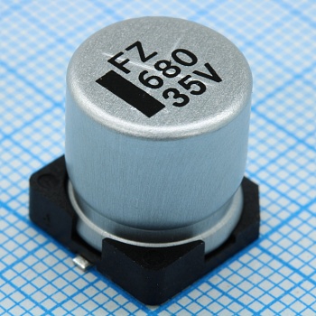 TS13CA1V681MMT000R - SMD Конденсатор алюминиевый электролитический 35В, 680мкФ ±20%, размер 12.5 X 13.5мм, 0.09 Ом, 850мА, 5000ч, 105С