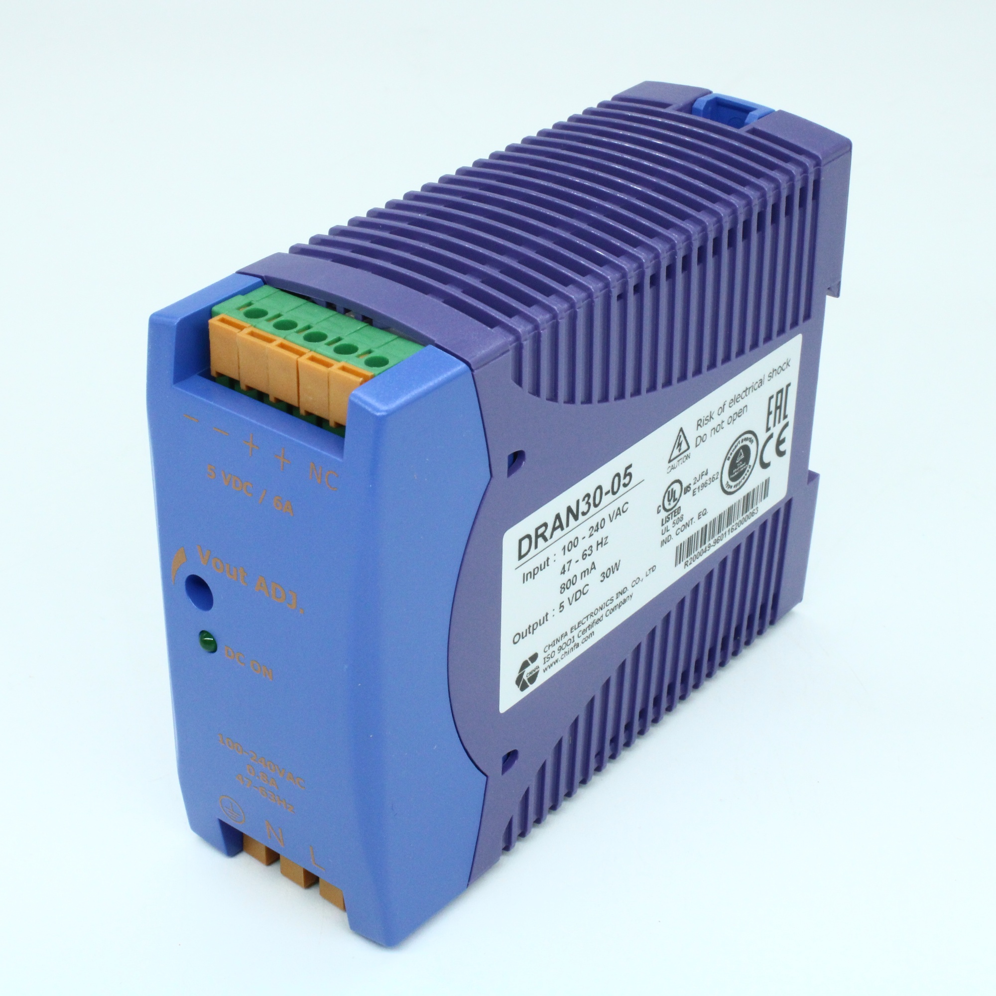 DRAN30-05 - Преобразователь AC-DC на DIN-рейку  30Вт, выход 5В/6A, рег. вых=+15%Uном, вход 90…265V AC, 47…63Гц / 120...370V DC , изоляция 3000V AC, : 115х90х41мм, пружинные клеммы, -40…+71°С