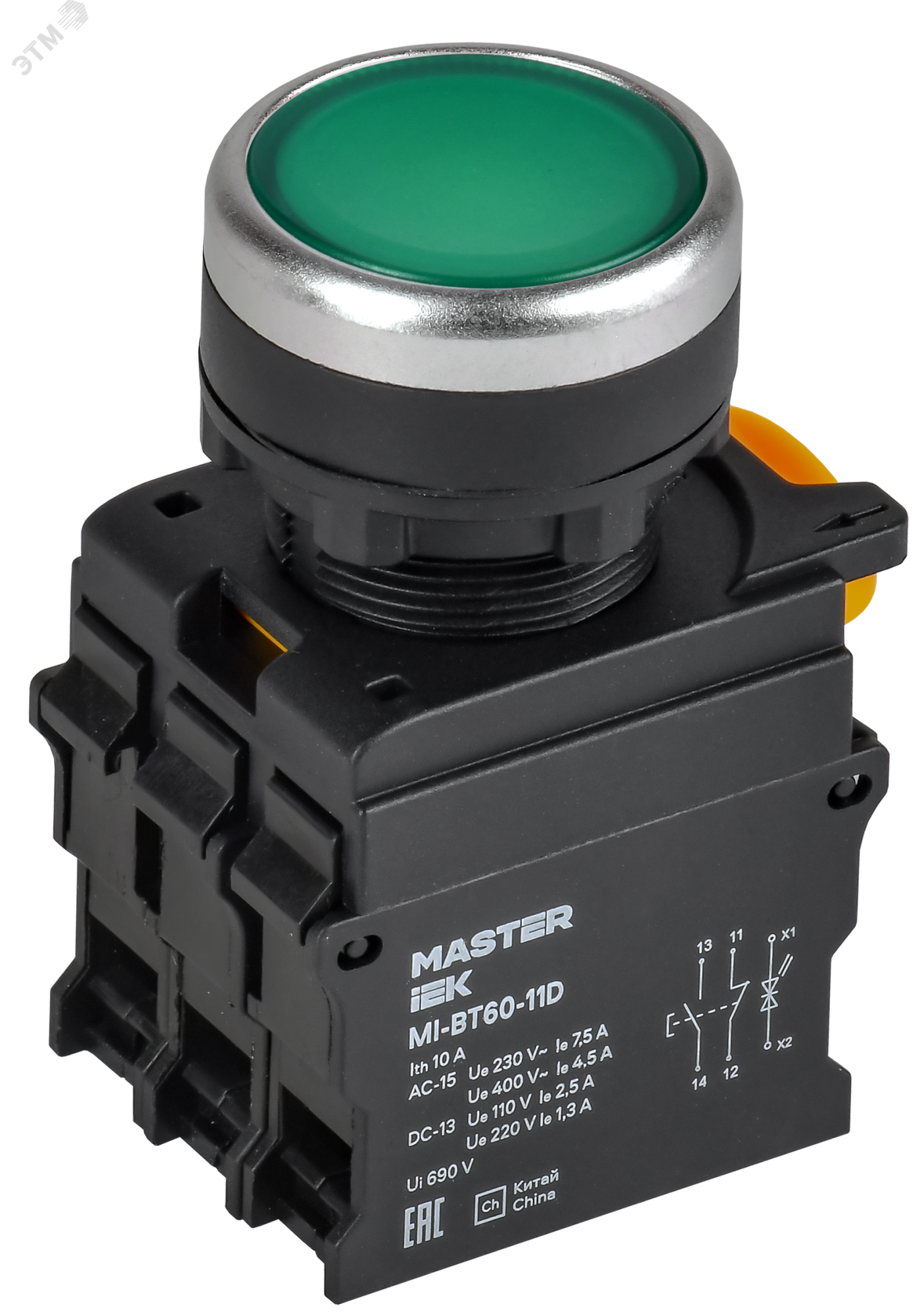 Кнопка с подсветкой d=22мм 1NO+1NC зел-ная MASTER IEK MI-BT60-11D-3-12-K06