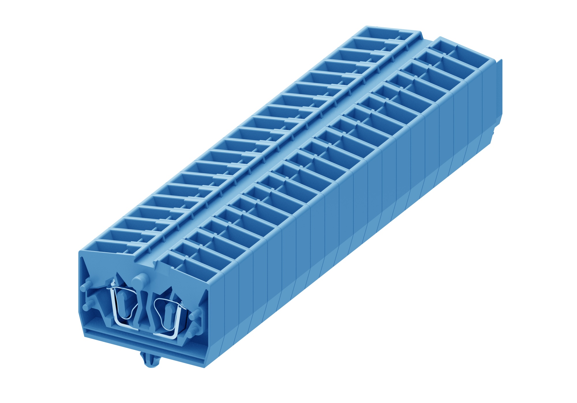 Клемма мини 254314 - Мини клемма, верхний подвод кабеля, 2 точки подключения в клемме, тип фиксации провода: пружинный, номинальное сечение: 2,5 мм кв., 24A, 800V, цвет: синий, тип монтажа: защелки в панель