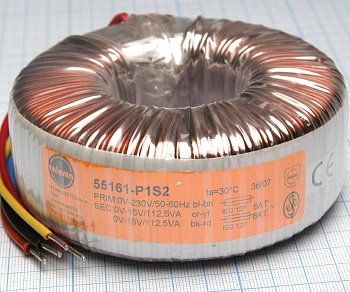 55161-P1S2 - Тороидальный трансформатор 225ВА 230В 2x15В 7,5A  S; TRT225215
