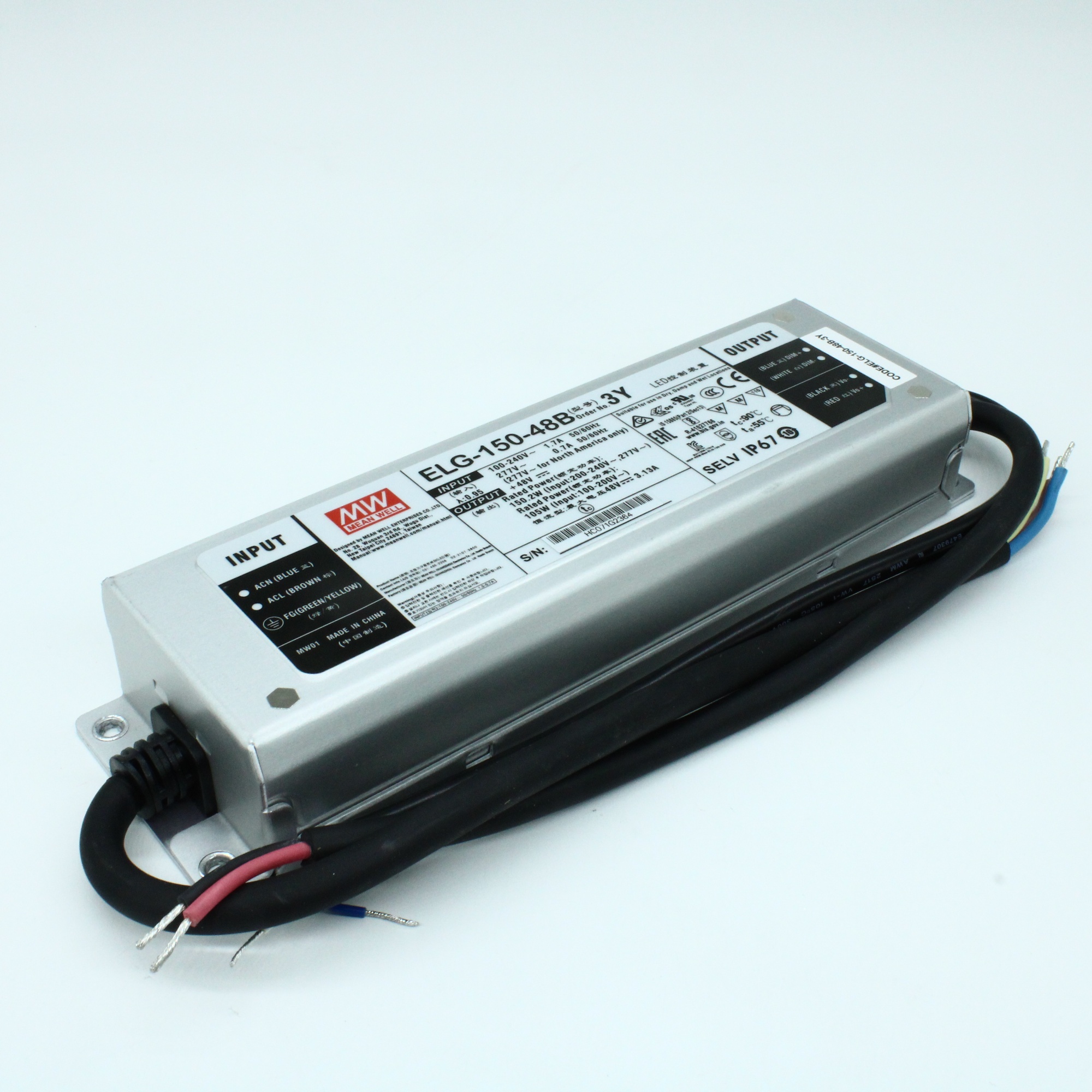 ELG-150-48B-3Y - AC-DC, 150Вт, IP67, вход 100…305В AC, 47…63Гц/142…431В DC, ККМ, выход 24...48В/4А, изоляция 3750В AC, в кожухе 199х63х35,5мм, -40…+70°С, димминг 3 в 1, с проводом заземления