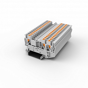 Проходная клемма UPT-2.5/1-2-GY - Проходная клемма, 3 точки подключения, тип фиксации провода: Push-in, номинальное сечение: 2,5 мм кв., 800V, 24A, ширина: 5,2 мм, цвет: серый, тип монтажа: DIN35