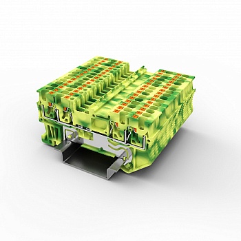 Заземляющая клемма UPT-1.5/2-2PE - Заземляющая клемма, 4 точки подключения, тип фиксации провода: Push-in, номинальное сечение: 1,5 мм кв., 500V, ширина: 3,5 мм, цвет: желто-зеленый, тип монтажа: DIN35