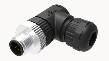 Вилочный разъем PB-M12A-04P-MM-SR7001 - Вилочный разъем на кабель, 4 полюса, M12, угловой, винтовая фиксация провода, A-Code, диаметр кабеля: 4,0-8,0 мм, сечение: 0,25 - 0,52 мм кв., 4А, 250V, корпус из пластика, резьбовой фиксатор разъемного соединения м