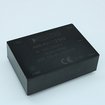 AME40-12SVZ - AC/DC преобразователь 40 Вт  вход 85...264В  47-63 Гц  выход 12В  3.33А   -40....+70°C, дерейтинг при 55°C 4000VAC MTBF 300000 часов  КПД 84 %  ёмк. нагрузка макс.9000 мкФ  корпус Encapsulated, пластик  установка на печатную плату