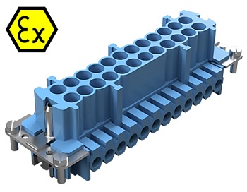 Контактная вставка 72.310.2453.9 - Вилочная контактная вставка взрывозащищенного разъема REVOS Ex, Size 24, винтовая фиксация, с защитой провода, 24 полюсов + РЕ, 90 V, до 16 A, материал контактов: медный сплав, тип покрытия контактов: олово