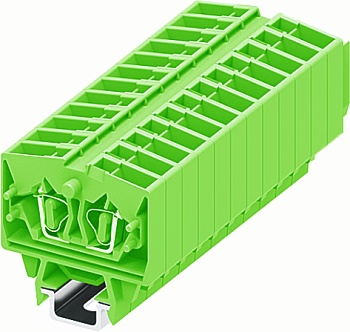 Клемма мини 254366 - Мини клемма, верхний подвод кабеля, 2 точки подключения в клемме, тип фиксации провода: пружинный, номинальное сечение: 2,5 мм кв., 24A, 800V, цвет: зеленый, тип монтажа: DIN15