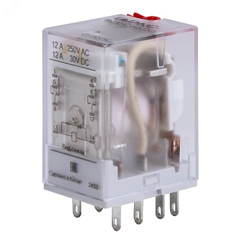 Реле миниатюрное промышленное общего назначения, 2CO, ком. ток 12А, AgSnO?, напряжение 230V AC, опция: тест-кнопка+светодиод IR-230AC-W2CO-D