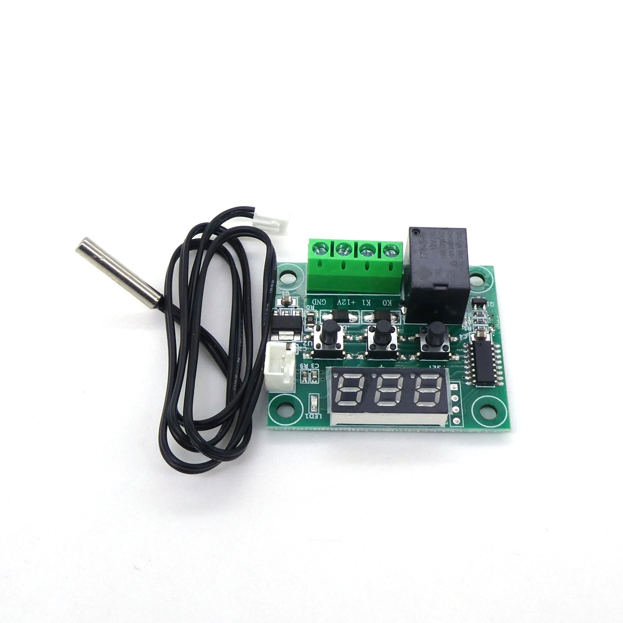 Терморегулятор цифровой W1209 - Электропитание: DC=12V; Диапазон температур: -50 ... +110 С; Точность контроля: 0,1С; Измерительный вход: NTC10K; Частота обновления: 0,5 секунды; Тип выхода: релейный выход 5A; Водонепроницаемый датчик на проводе 0,5м