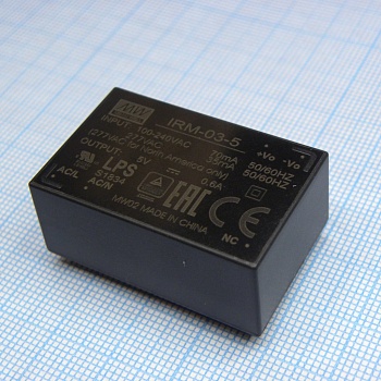 IRM-03-5 - AC-DC,3Вт, вход 85…305В AC 47...440 Гц, 120...370B DC, выход 5В/600мА, изоляция 3000В AC, в корпусе на плату 37х24х15мм, -30...+85°C, монтаж в отверстия