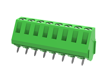 Клемма на плату MC-TD5.08A09C-0001 - Клемма, подвод кабеля 45 град., на плату, шаг: 5.08 мм, 9 полюсов, фиксация провода винтовая, исполнение: стандартное, 400V, 24A, цвет: зеленый